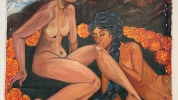 two nude women mostly in repose on a hillside setting. 