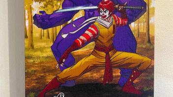 Anime style graphic featuring samuri McDonald and strongman Grimace