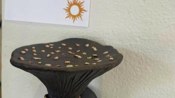 small wall sculpture of a brown mushroom