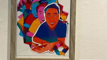 Illustration of a person surrounded by origami rainbow motif