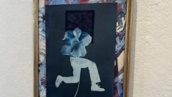 cyanotype of legs with a flower body