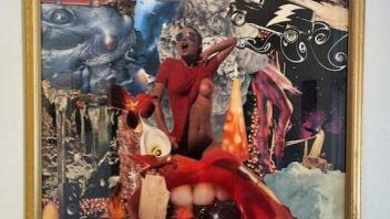 collage with mouth in the foreground a female form in the middle and a volcanic eruption in the background