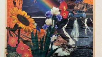 collage of flowers framing a rock climber