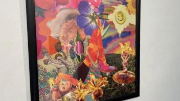collage of flowers and fruit with a woman in the center