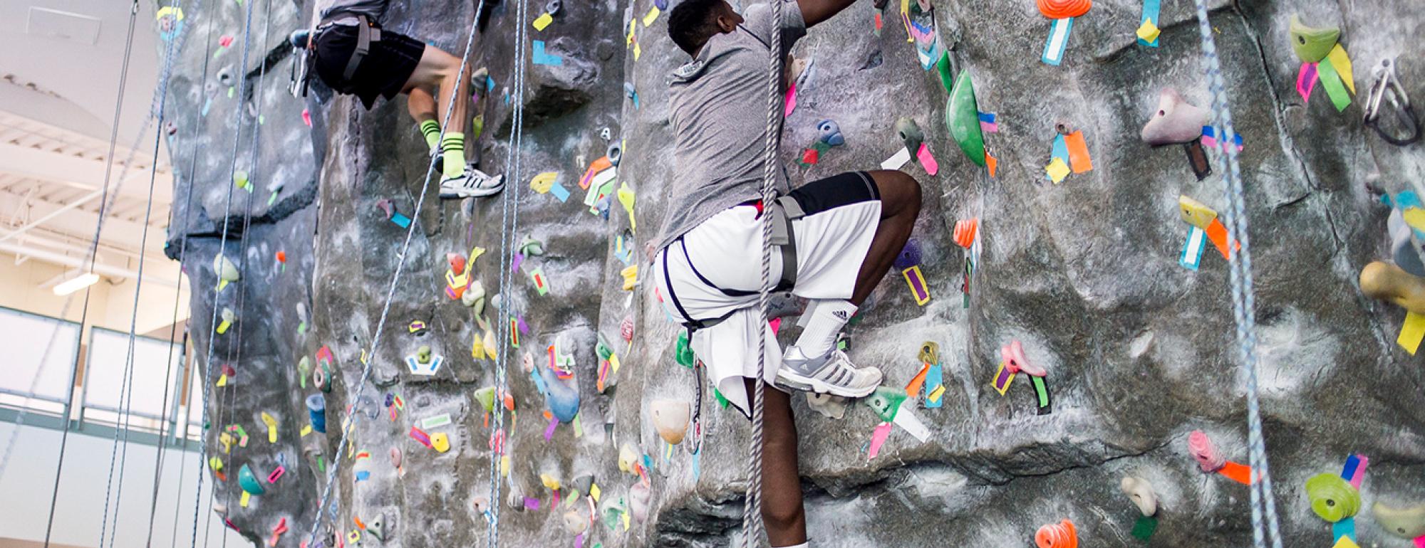 Two people climbing an indoor climbing wall at the ARC.
