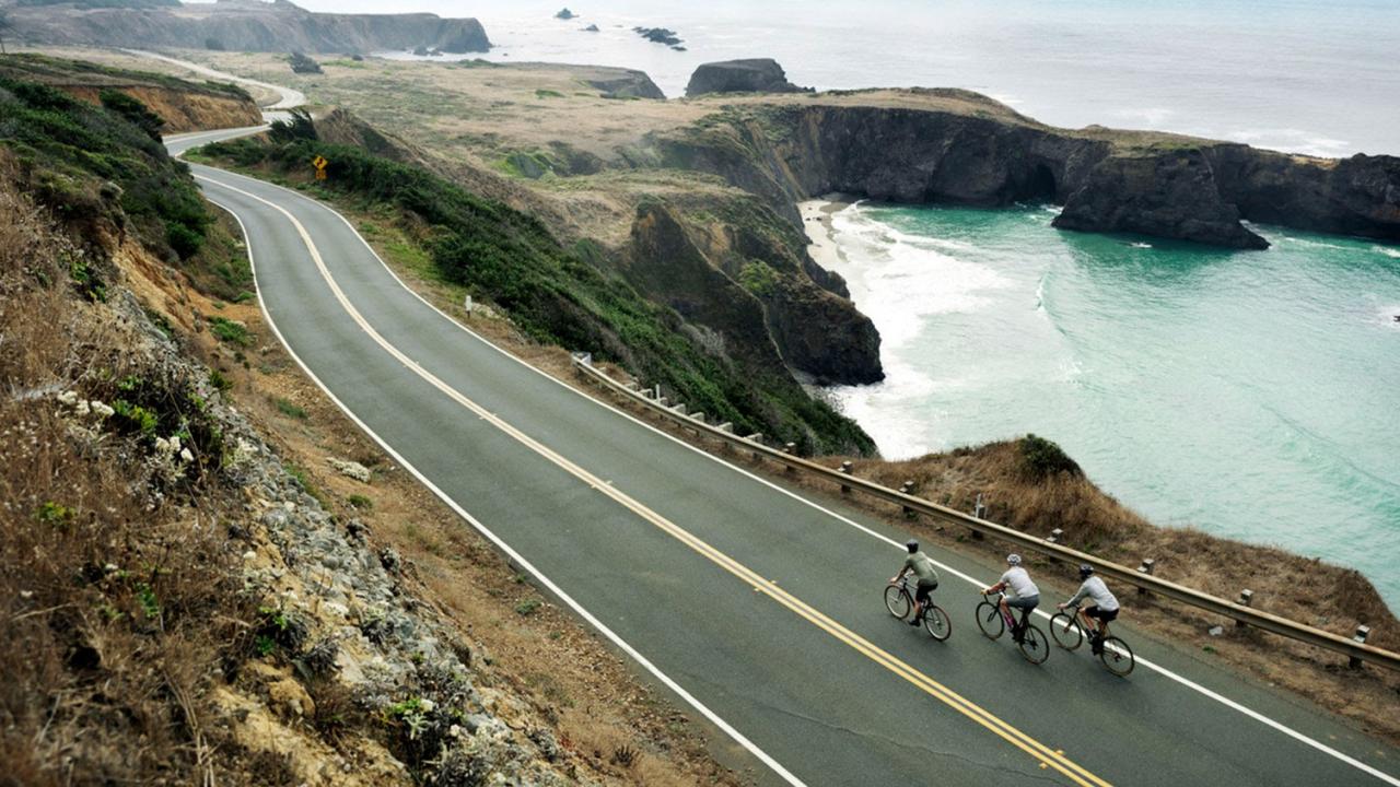 Bicycle riders biking down coastal highway
