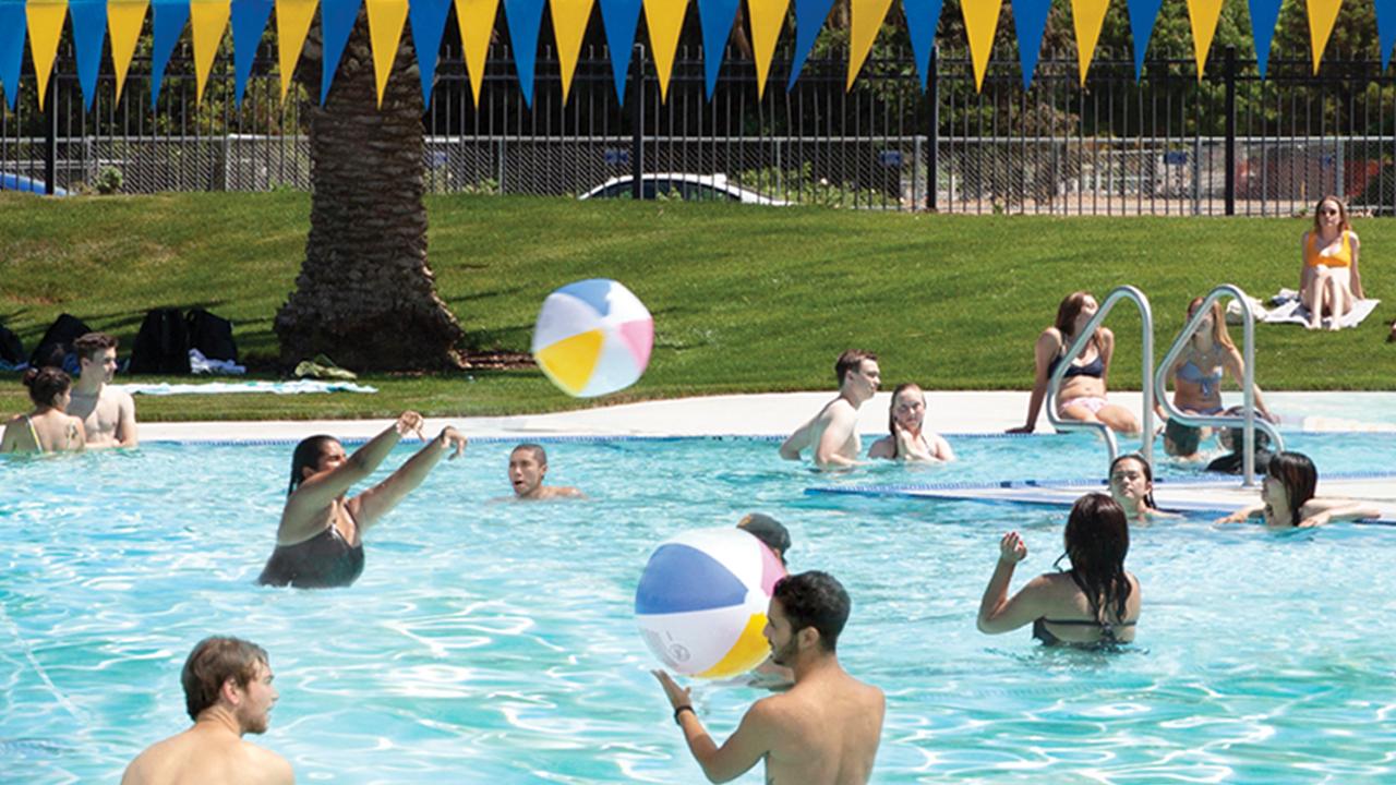 People swimming and throwing beach balls