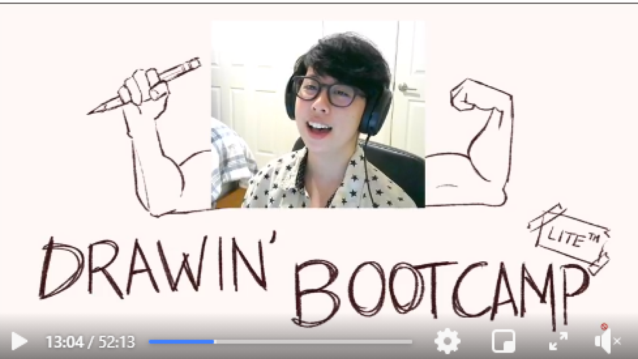 video of drawing instructor flanked by line drawing of muscle arms
