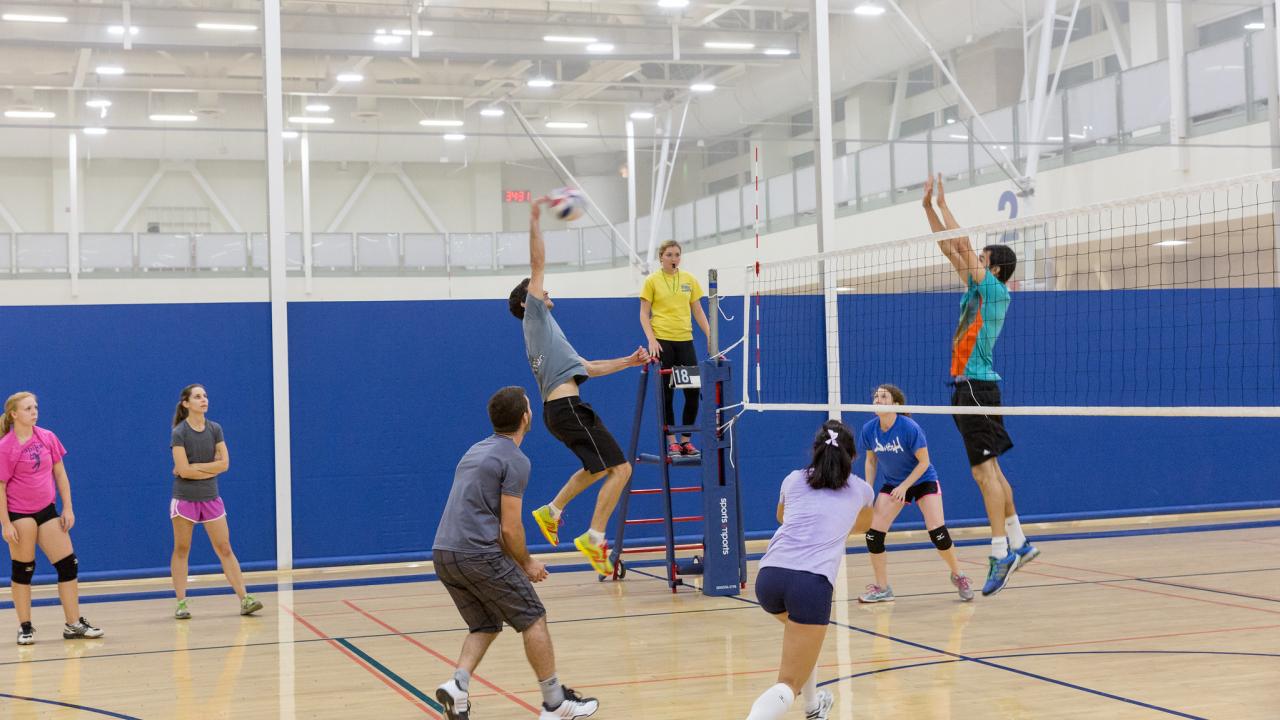 Boys and girls playing volleyball in a gym