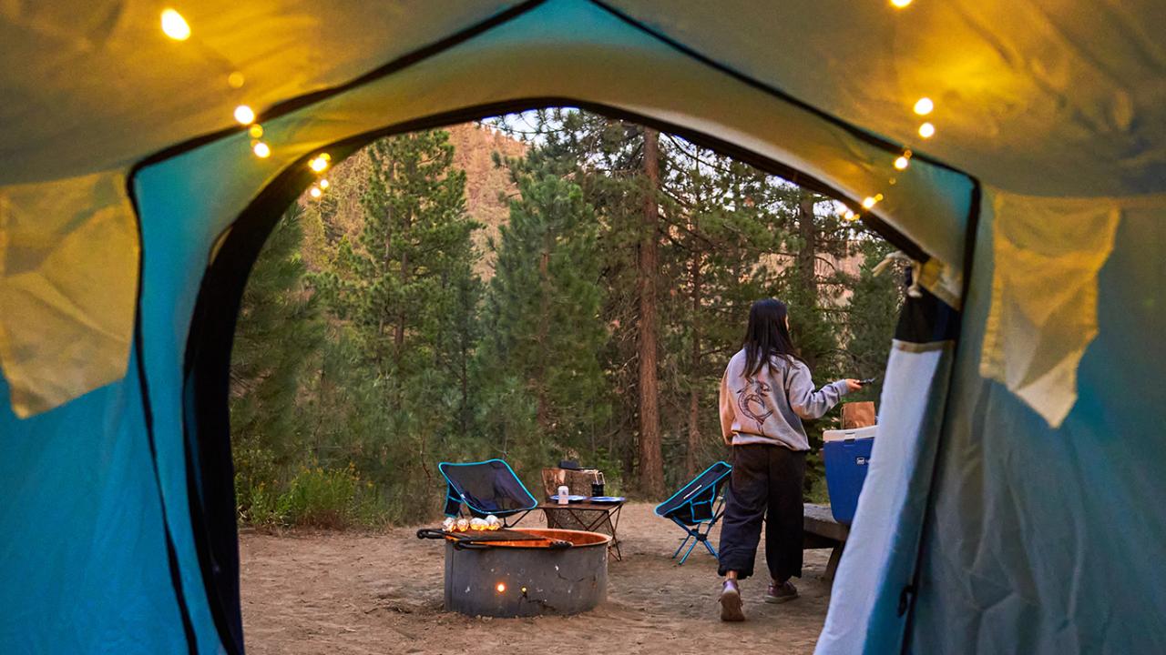 View of person near campfire from inside a tent
