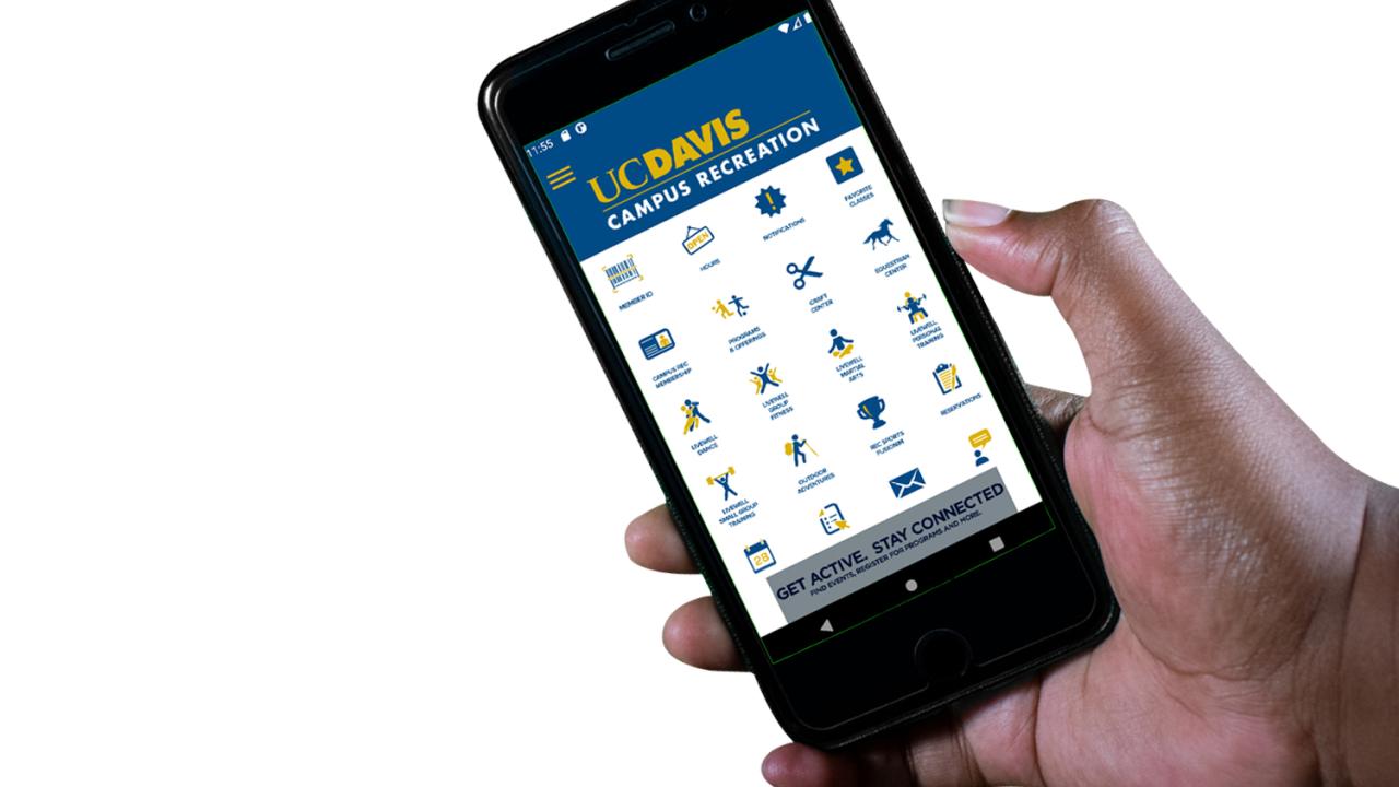 Hand holding smart phone with Campus Rec app