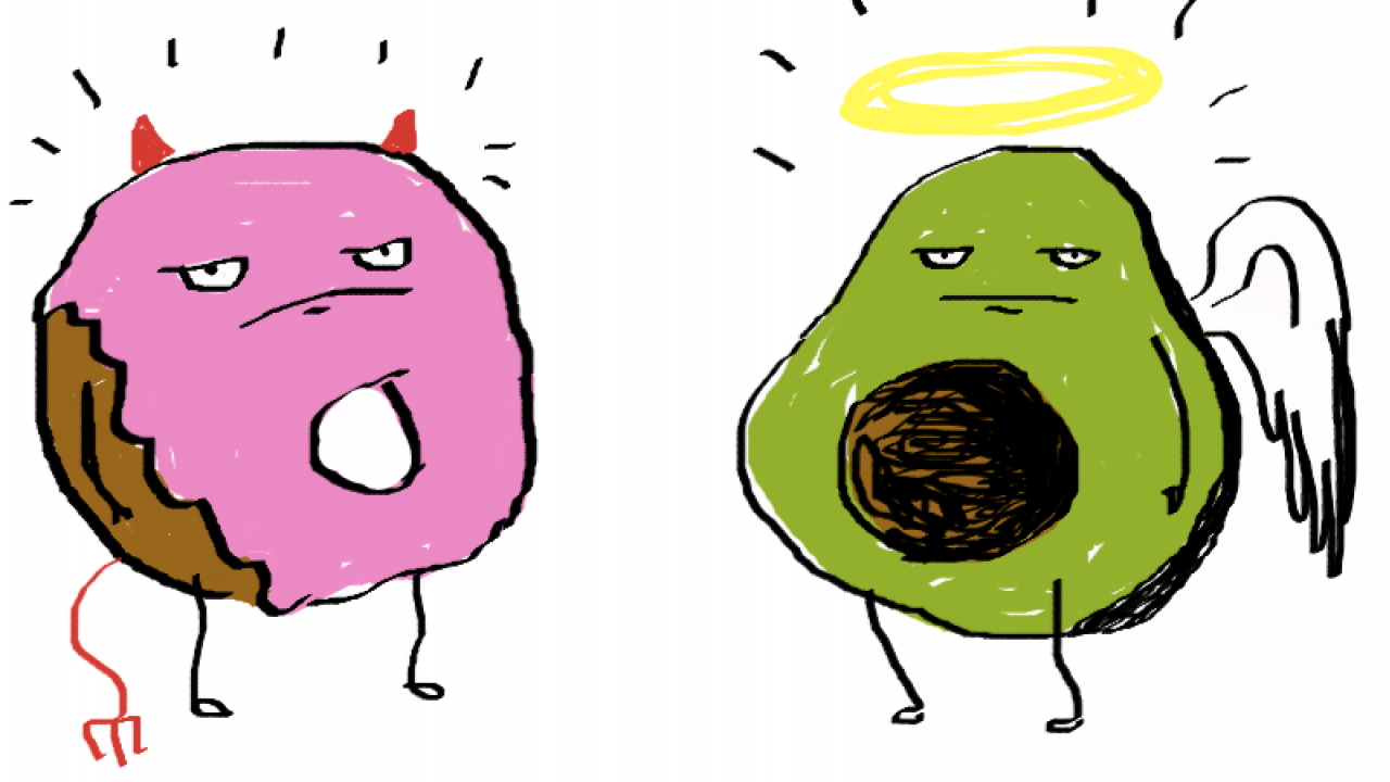 A cartoon donut and an avocado