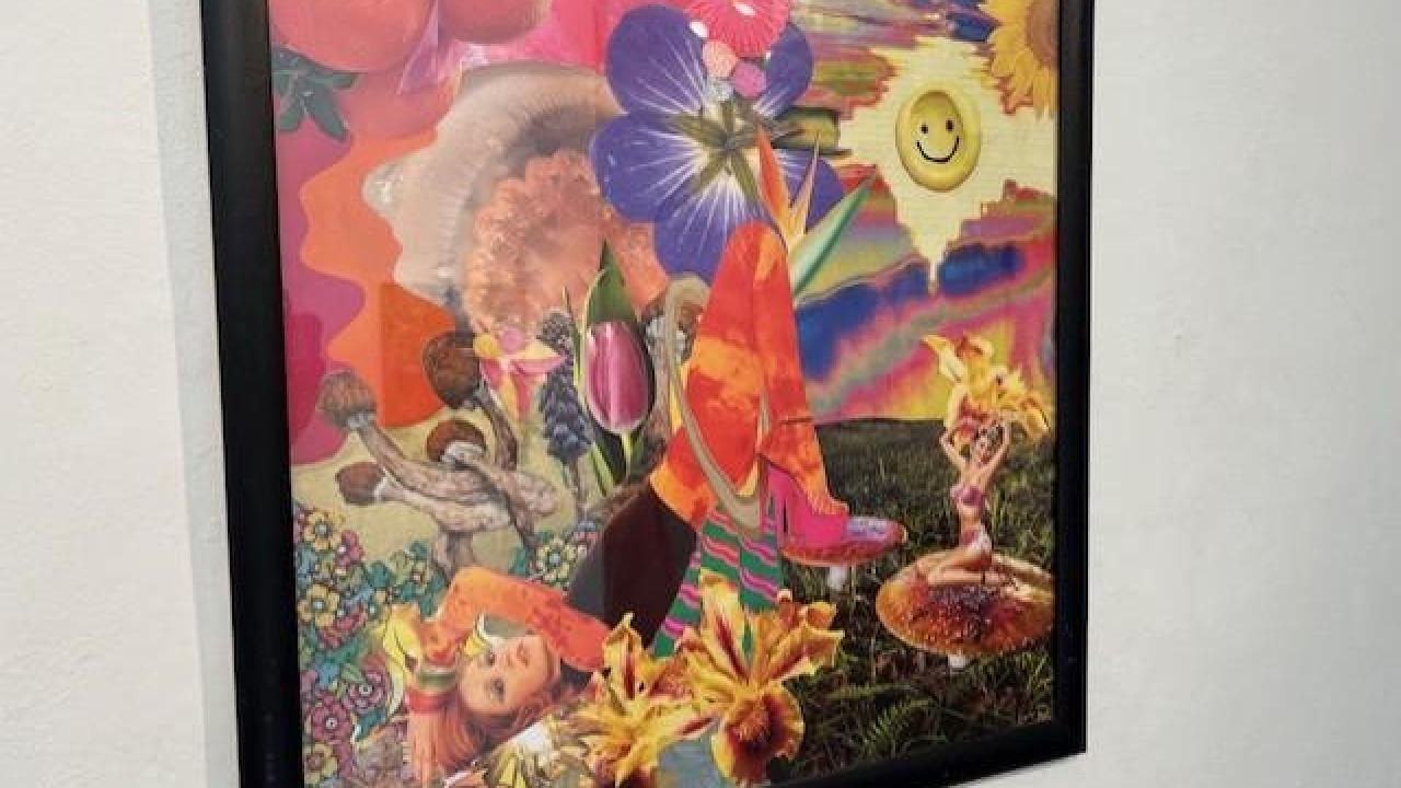 collage of flowers and fruit with a woman in the center