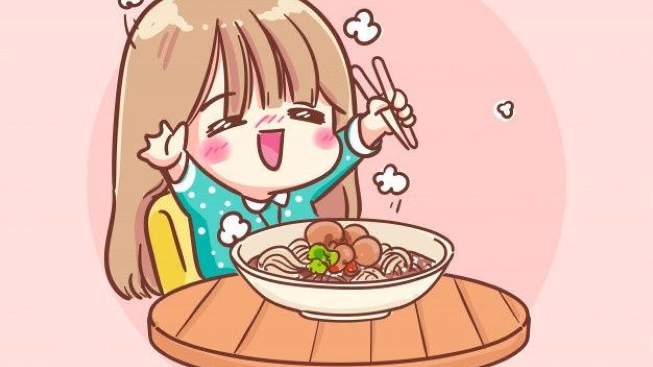 A cartoon person enjoying a noodle bowl. 