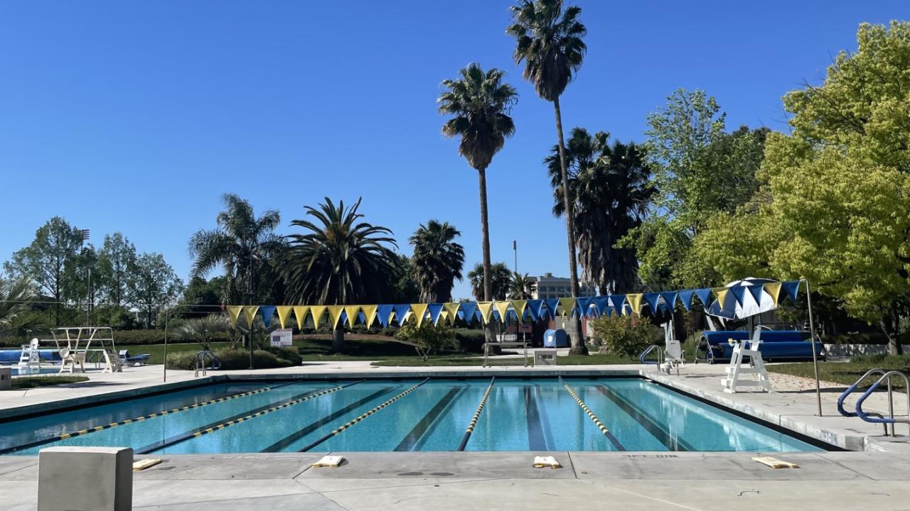 UC Davis Rec Pool lap swimming pool on a sunny day.