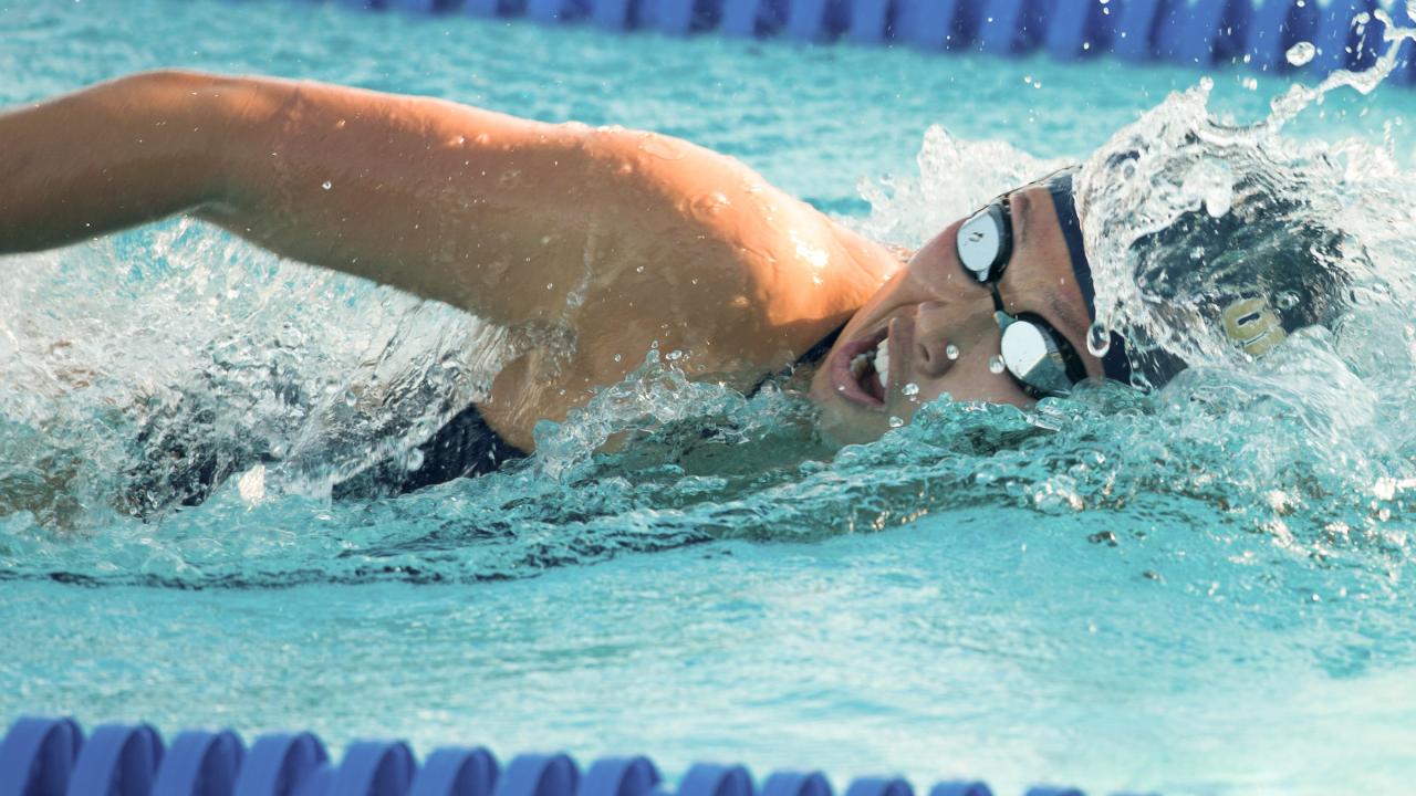 Woman swimming freestyle in lap pool