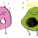 A cartoon donut and an avocado 
