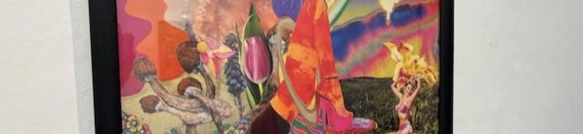 collage of flowers and fruit with a woman in the center